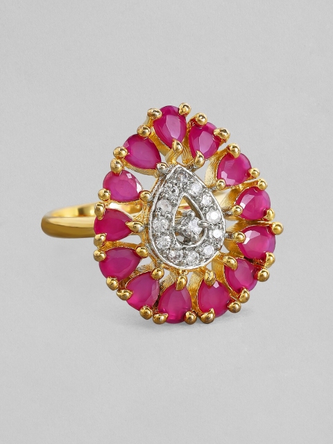 

Rubans Gold-Plated Pink White Zircon-Studded Handcrafted Adjustable Finger Ring
