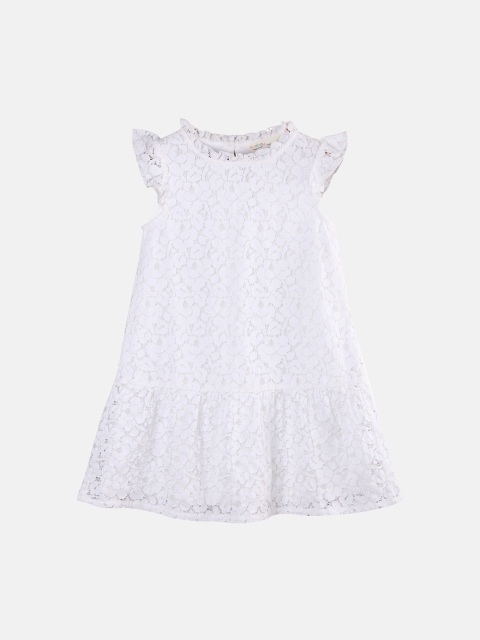 

Beebay Girls White Self Design Ruffled Lace A-Line Dress