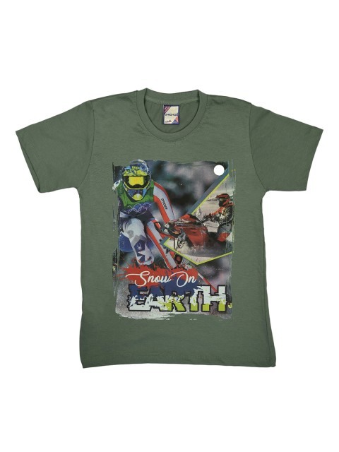 

ORANGE PUMPKKIN Boys Olive Green & Grey Printed Round Neck Slim Fit T-shirt