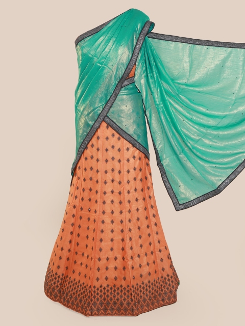 

Pothys Sea Green & Peach-Coloured Poly Chiffon Embellished Lehenga Saree