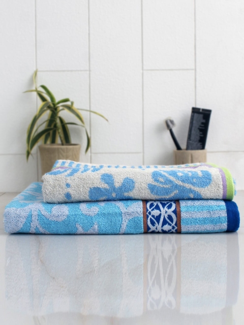 

AVI Living Set Of 2 Blue & White Floral Printed 400 GSM Bath Towels