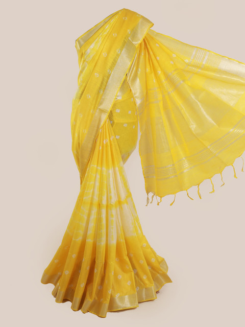 

Pothys Yellow Printed Linen Blend Saree With Tasseled Pallu