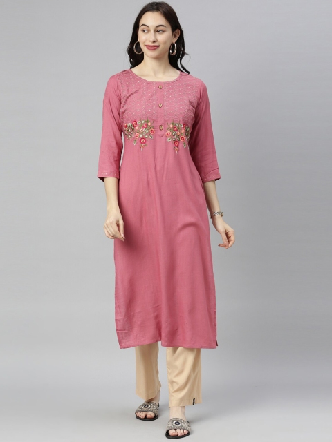 

Neerus Women Peach-Coloured Floral Embroidered Thread Work Kurta