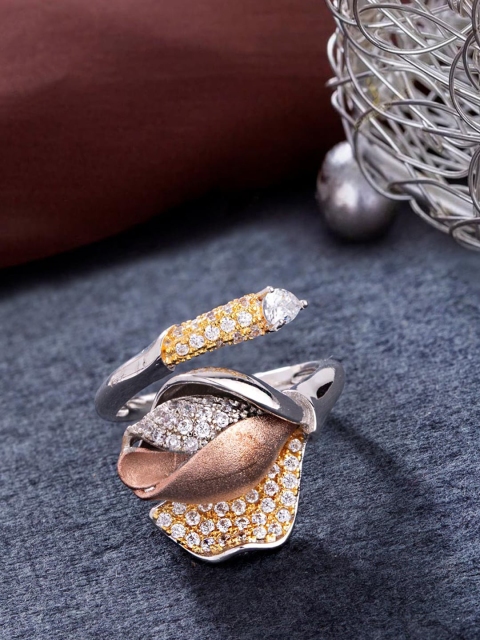 

Studio Voylla Women Silver-Toned & White CZ-Studded Troika Finger Ring