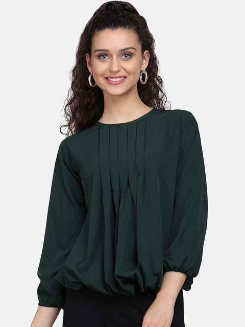 

Clothzy Green Puff Sleeves Accordion Pleats Crepe Blouson Top