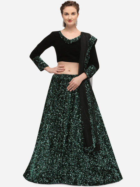 

JATRIQQ Black & Green Solid Semi-Stitched Lehenga & Unstitched Blouse with Dupatta