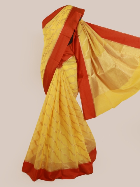 

Pothys Yellow & Gold-Toned Supernet Striped Saree