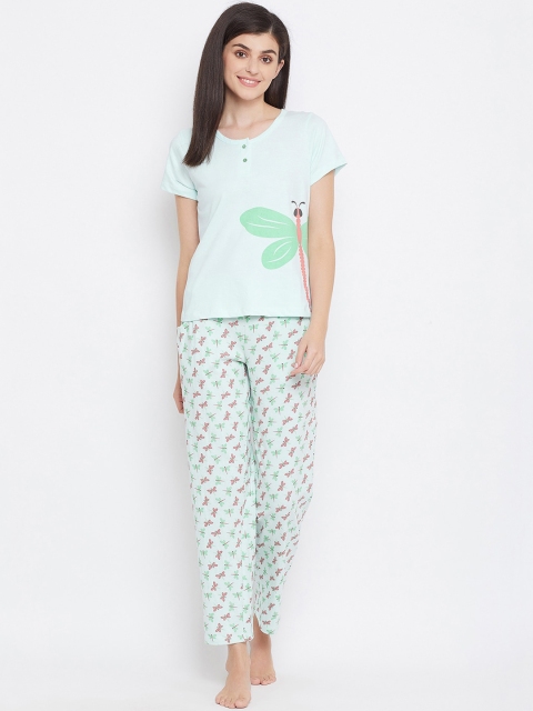 

Clovia Women Sea Green Printed Cotton Night suit