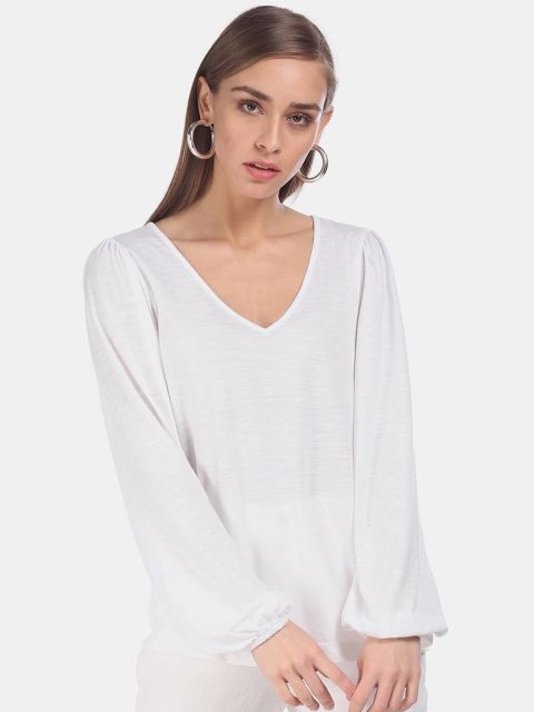 

GAP White Puff Sleeves V-Neck Solid Regular Top