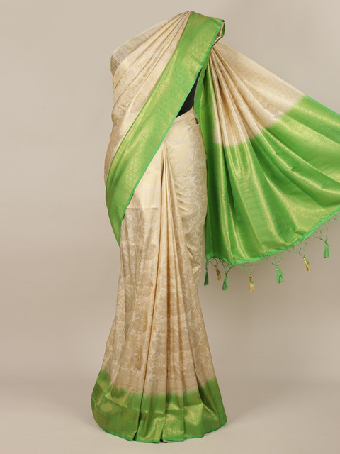 

Pothys Cream-Coloured & Green Jute Silk Woven Design Saree