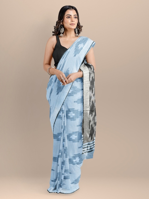 

BharatSthali Blue Pure Cotton Printed Ikat Saree