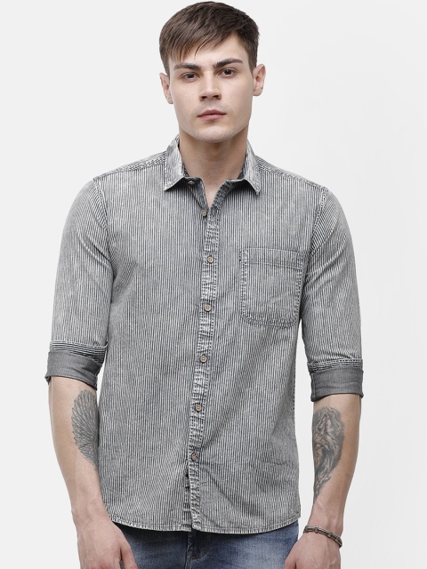 

Voi Jeans Men Black & Grey Slim Fit Striped Casual Shirt