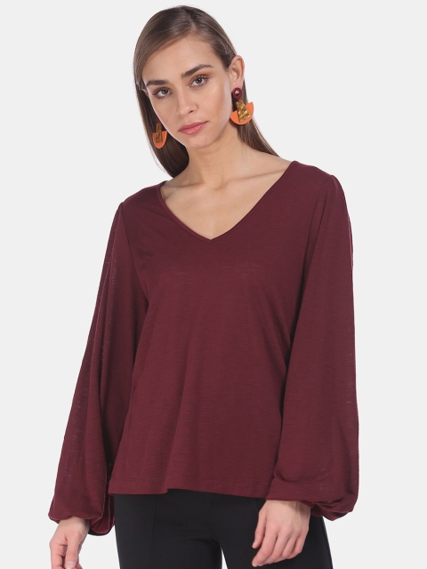 

GAP Maroon Puff Sleeves A-Line V-Neck Solid Top