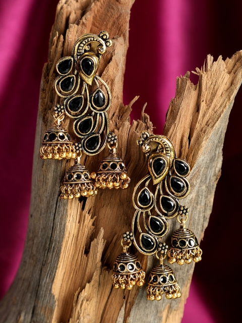 

ANIKAS CREATION Black Peacock Shaped Jhumkas