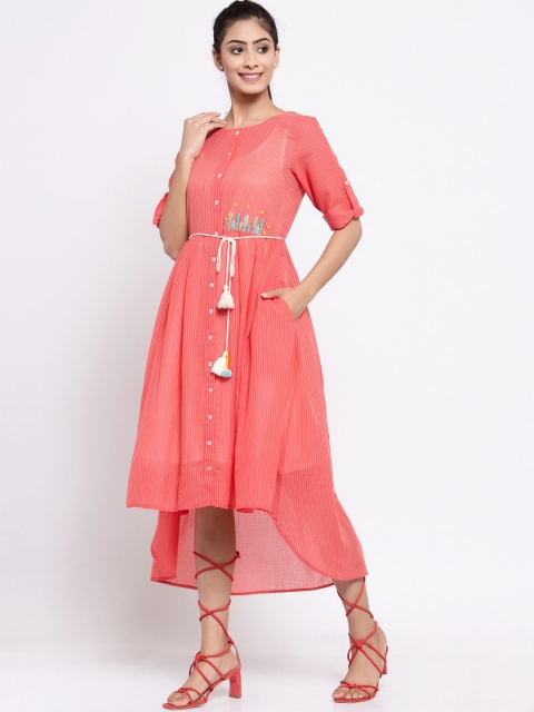 

TERQUOIS Women Pink Striped Two Layered Fusion Cotton Maxi Dress