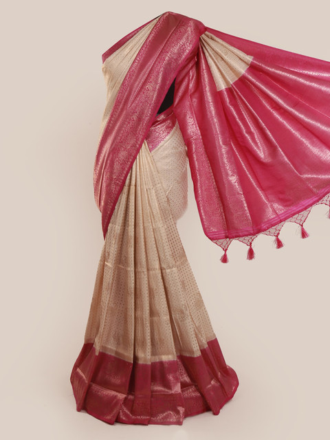 

Pothys Cream-Coloured & Pink Linen Blend Woven Design Saree