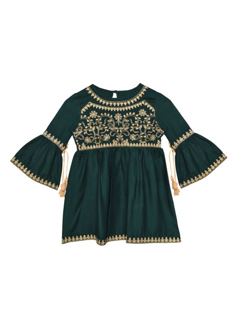 

Ishin DESIGNER STUDIO Girls Green & Gold-Toned Embroidered Bell Sleeves A-Line Top
