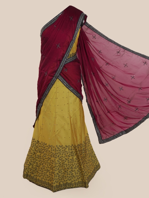 

Pothys Magenta & Yellow Poly Chiffon Woven Design Lehenga Saree