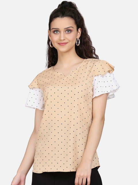 

Clothzy Beige Geometric Printed Flutter Sleeves Crepe Regular Top