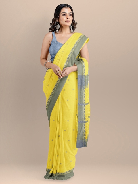 

BharatSthali Yellow & Blue Pure Cotton Woven Design Maheshwari Saree