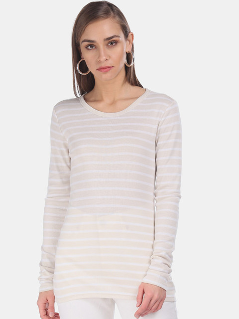 

GAP Women White & Beige Striped Round Neck T-shirt