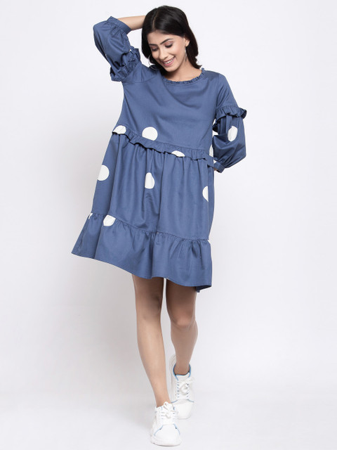 

TERQUOIS Women Blue & White Polka Dot Printed A-Line Dress