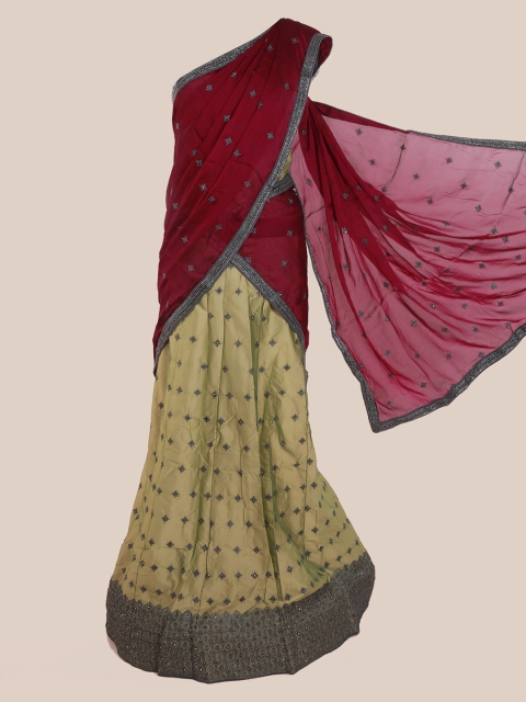 

Pothys Magenta & Olive Green Poly Chiffon Embellished Traditional Half Saree