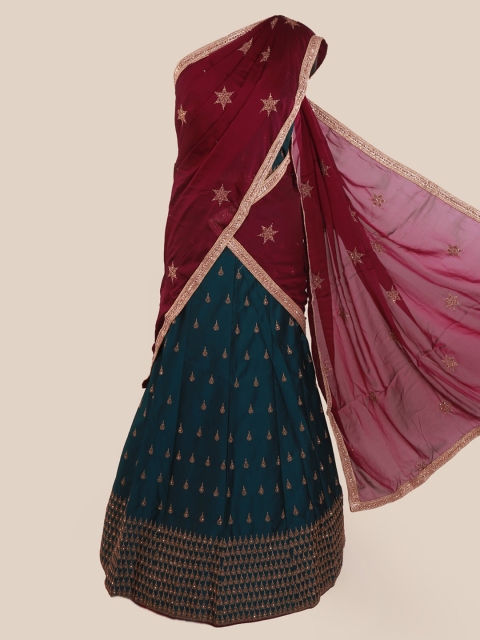 

Pothys Magenta & Blue Poly Chiffon Embellished Lehenga Saree