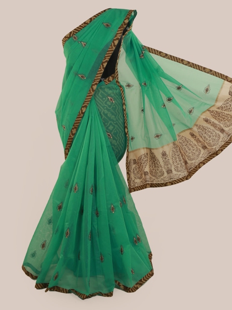 

Pothys Green & Brown Supernet Embroidered Saree