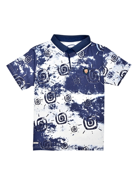 

ORANGE PUMPKKIN Boys Navy Blue & White Printed Polo Collar T-shirt