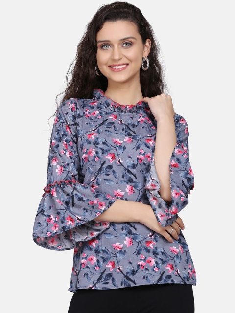 

Clothzy Lavender & Pink Floral Printed Bell Sleeves Crepe Regular Top