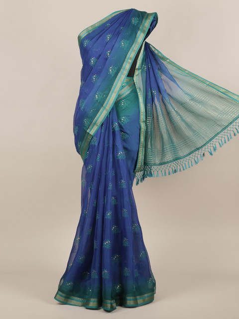 

Pothys Blue Woven Design Poly Chiffon Saree