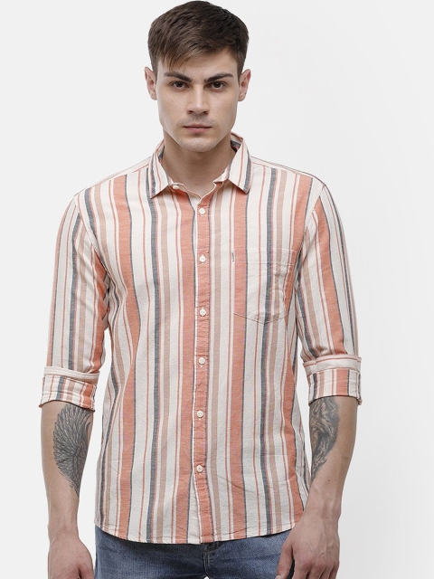 

Voi Jeans Men Orange & Beige Slim Fit Striped Casual Shirt