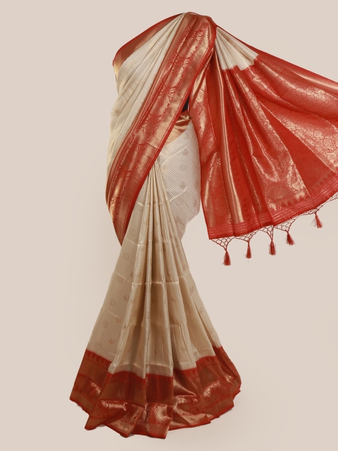 

Pothys Cream-Coloured & Red Linen Blend Woven Design Saree