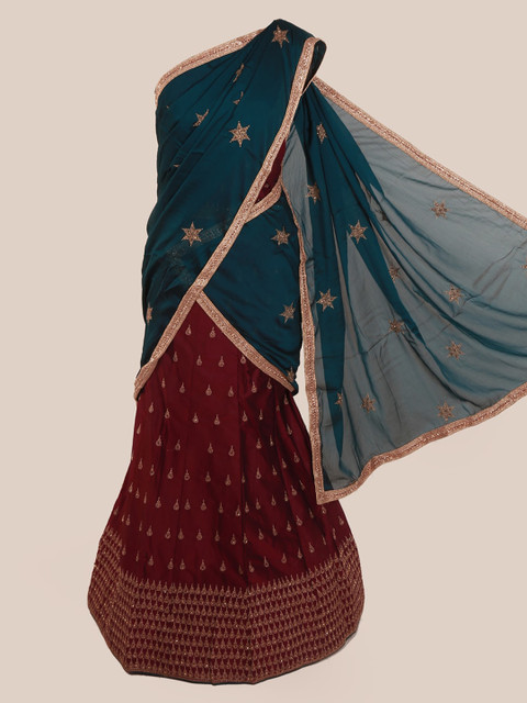 

Pothys Blue & Maroon Poly Chiffon Embellished Traditional Half Saree