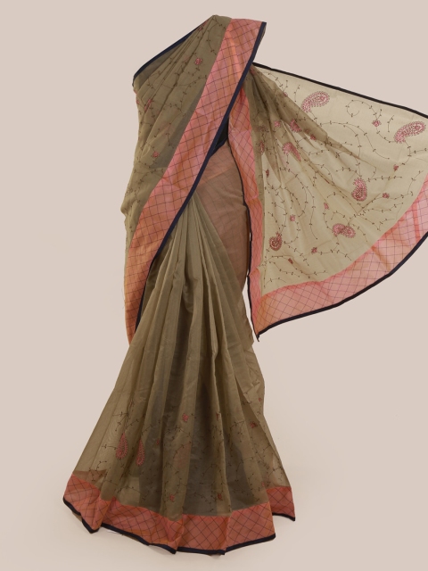 

Pothys Olive Green & Pink Supernet Embroidered Saree