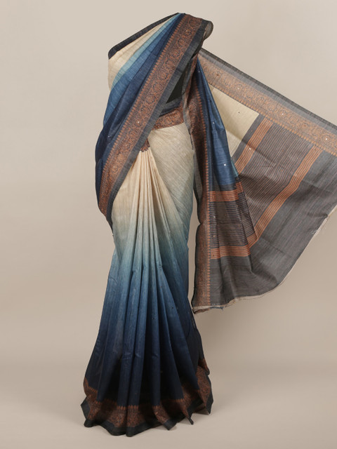 

Pothys Cream-Coloured & Blue Jute Silk Colourblocked Saree