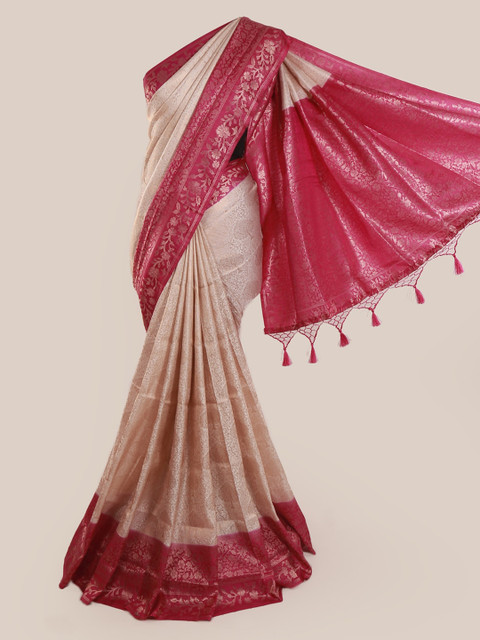

Pothys Cream-Coloured & Pink Linen Blend Woven Design Saree With Tasseled Pallu