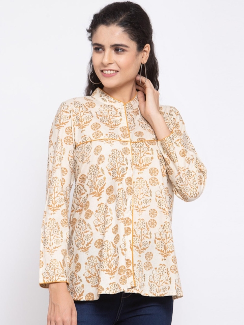 

Kiaasa Beige & Orange Printed Mandarin Collar Pure Cotton Shirt Style Top