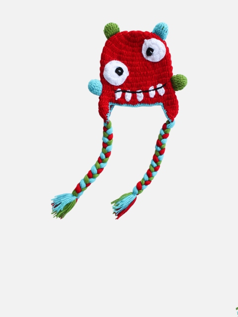 

Woonie Unisex Kids Red & White Handmade Woolen Beanie