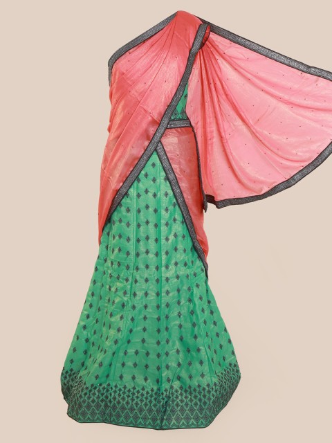 

Pothys Peach-Coloured & Green Poly Chiffon Embellished Saree