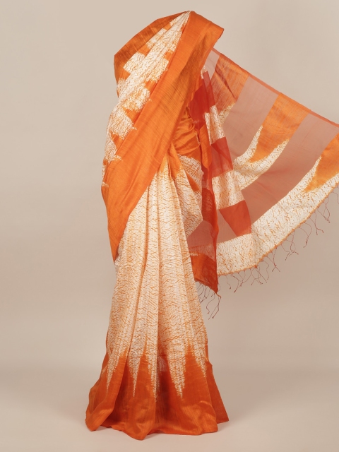 

Pothys Cream-Coloured & Orange Pure Silk Printed Saree With Tasseled Pallu