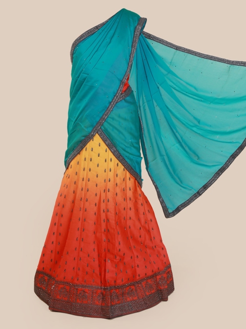 

Pothys Blue & Red Solid Poly Chiffon Lehenga Saree