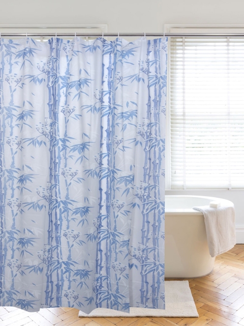 

Clasiko Blue Printed Shower Curtains With Hooks