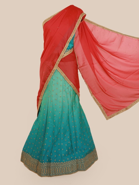 

Pothys Red & Turquoise Blue Poly Chiffon Embroidered Saree