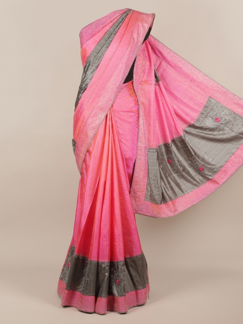 

Pothys Pink & Grey Jute Silk Colourblocked Saree With Embellished Border