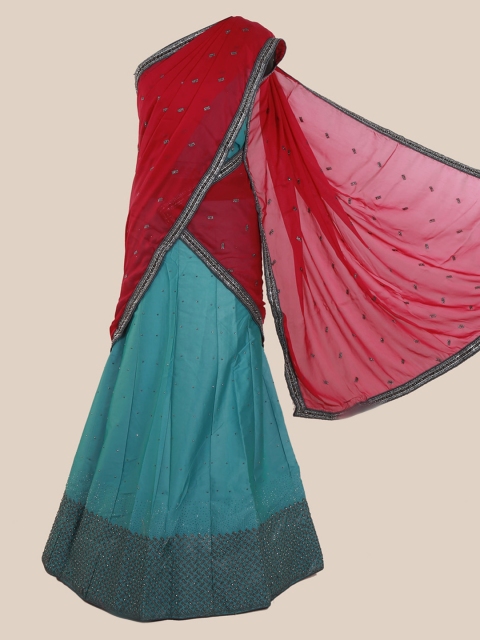 

Pothys Red & Blue Poly Chiffon Embellished Traditional Half Saree