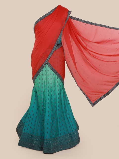 

Pothys Red & Green Poly Chiffon Solid Lehenga Saree
