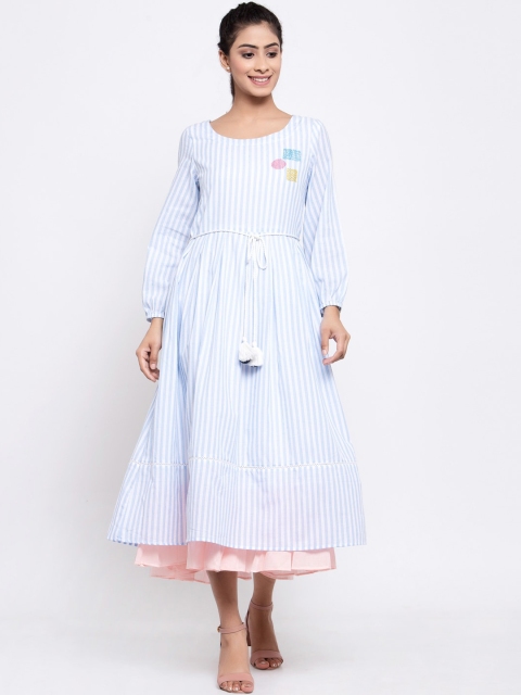 

TERQUOIS Women Blue Striped Two Layered Fusion Cotton Fit and Flare Dress