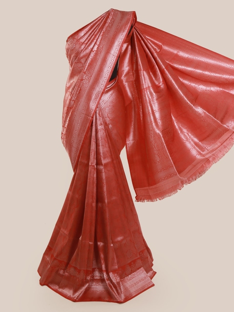 

Pothys Red & Silver-Toned Linen Blend Woven Design Saree